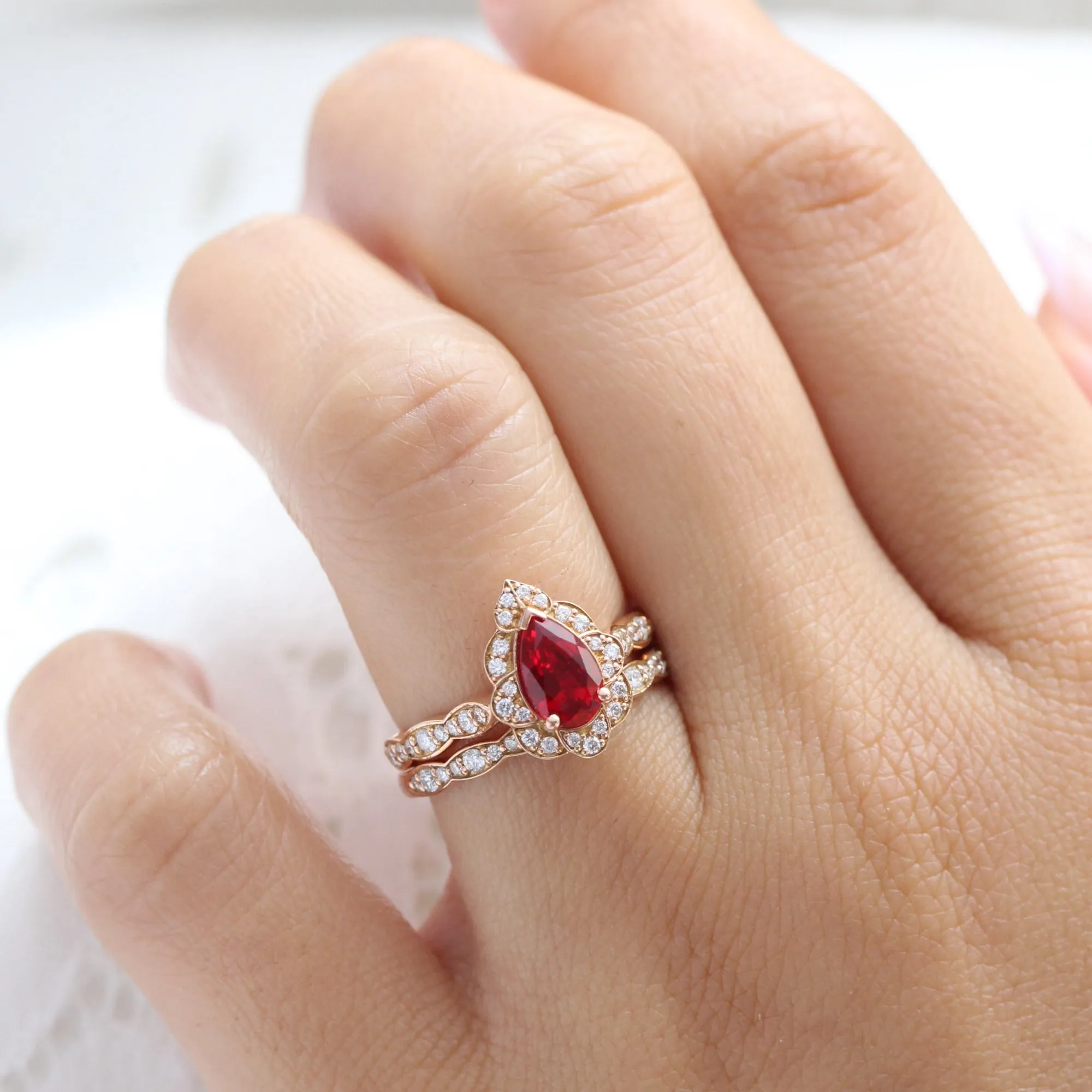 Vintage Floral Pear Ruby Ring Set w/ Matching Scalloped Diamond Wedding Band