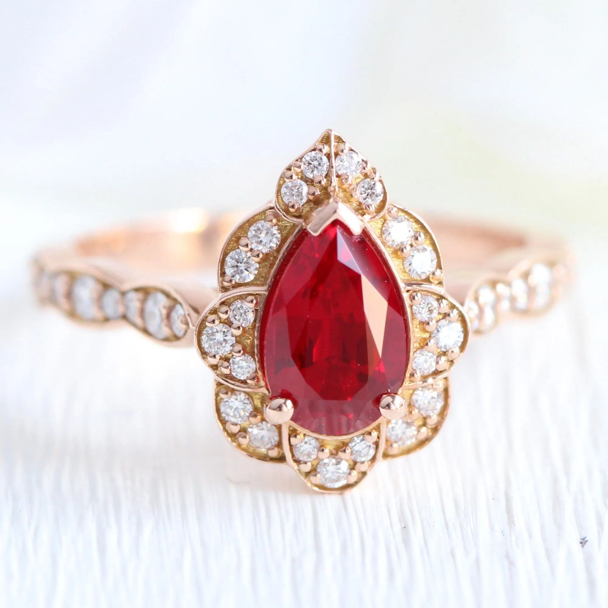 Vintage Floral Pear Ruby Ring Set w/ Matching Scalloped Diamond Wedding Band