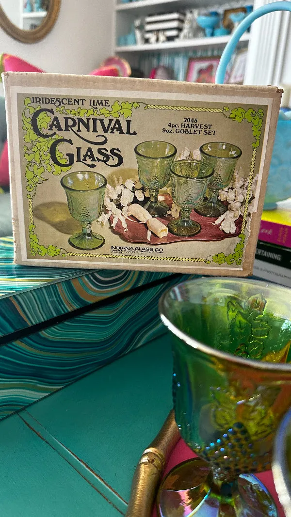 Vintage Glasses, Carnival Lime Green Glass, Indiana Glass Co., Harvest, Set of 4, Original Box