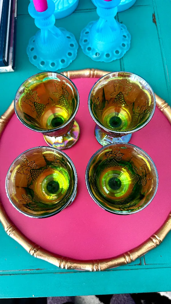 Vintage Glasses, Carnival Lime Green Glass, Indiana Glass Co., Harvest, Set of 4, Original Box