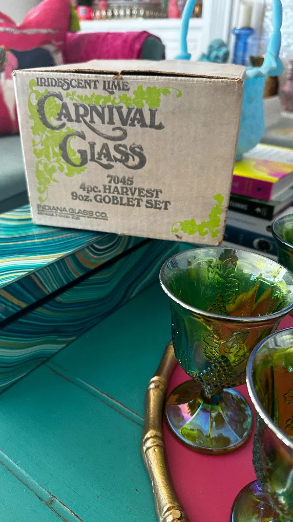 Vintage Glasses, Carnival Lime Green Glass, Indiana Glass Co., Harvest, Set of 4, Original Box