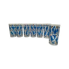 Vintage Gold and Blue Diamond Glasses Set of 7