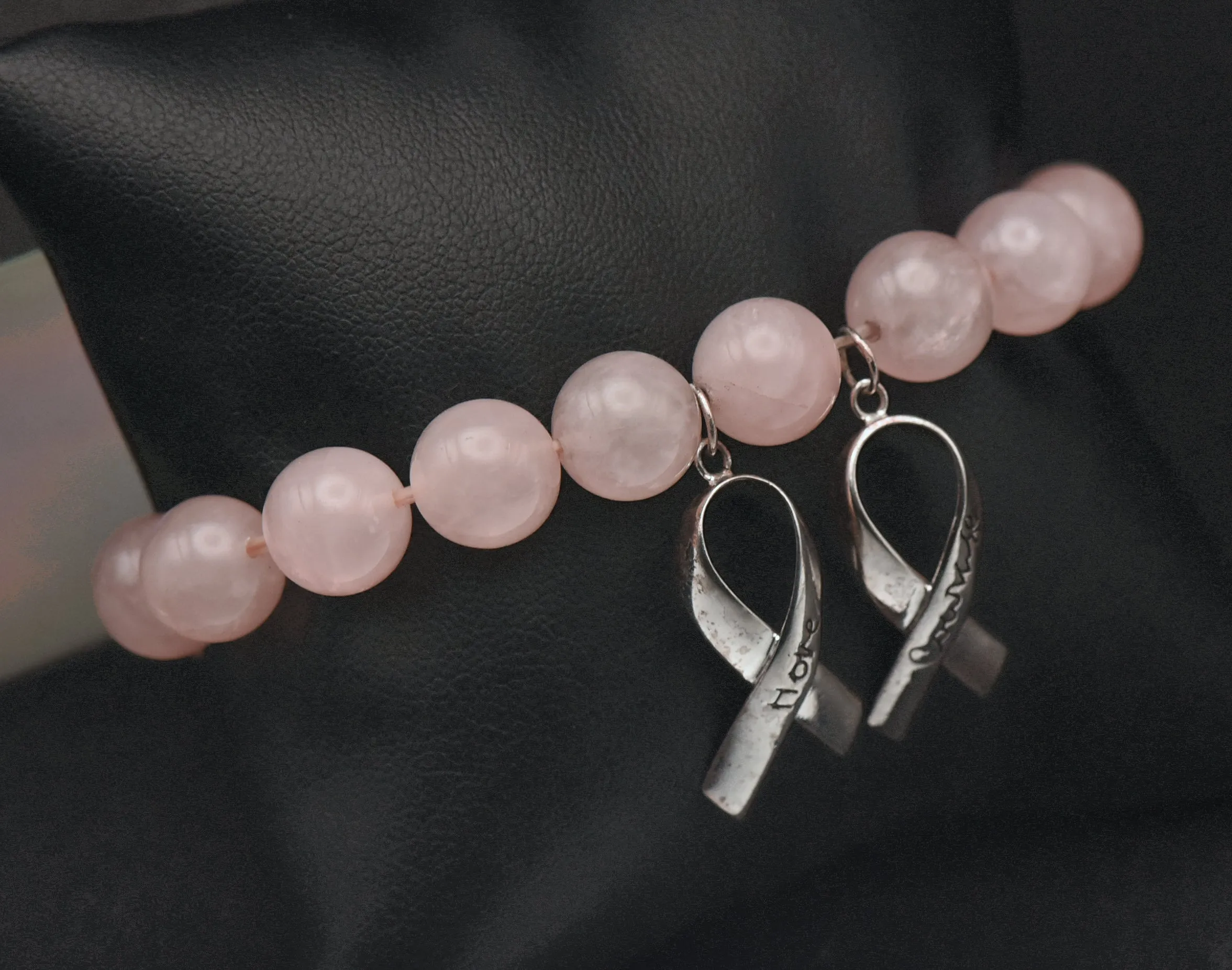 Vintage Rose Quartz Beaded Breast Cancer Awareness Sterling Silver Bracelet