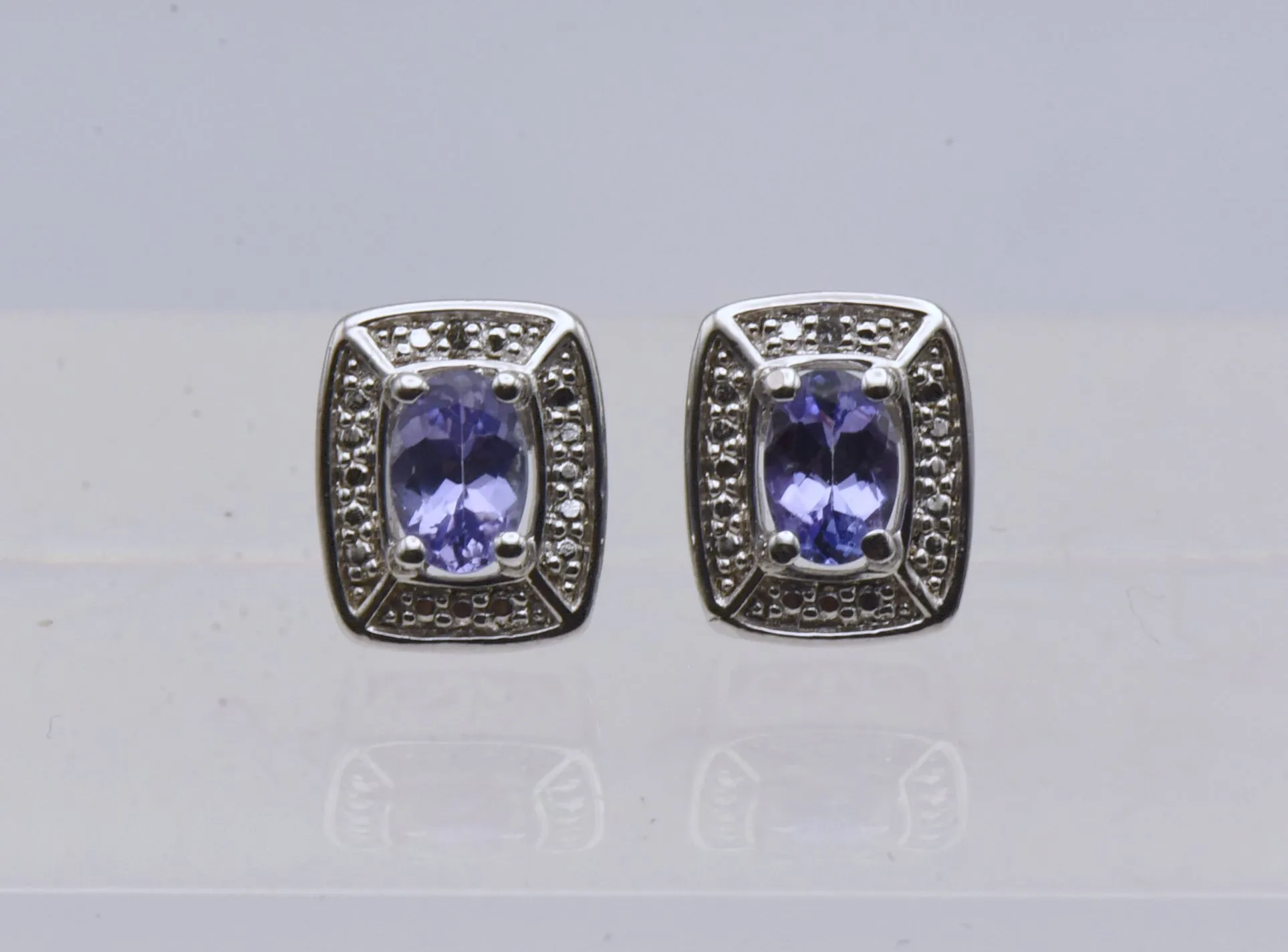 Vintage Tanzanite and Diamond Sterling Silver Stud Earrings - NOS