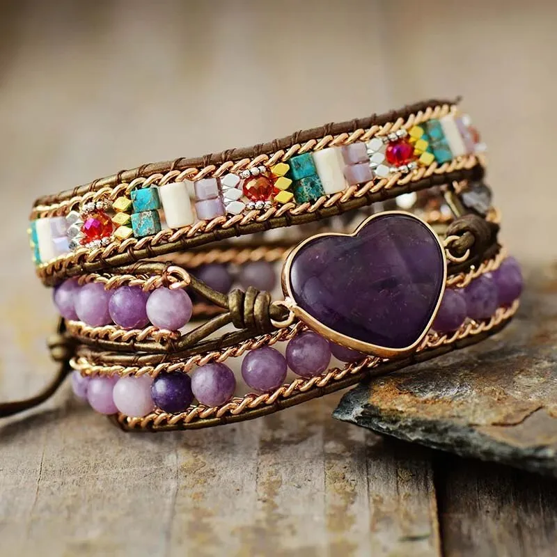 Violet Heart Leather Wrap Bracelets Amethysts 3 Strands Cuff Bracelet