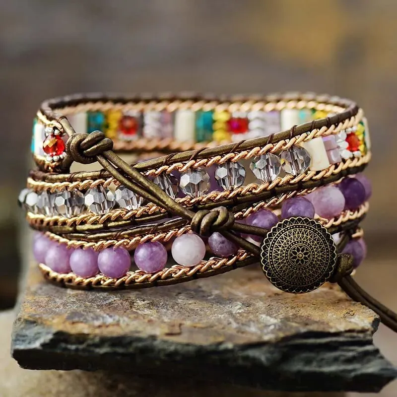 Violet Heart Leather Wrap Bracelets Amethysts 3 Strands Cuff Bracelet