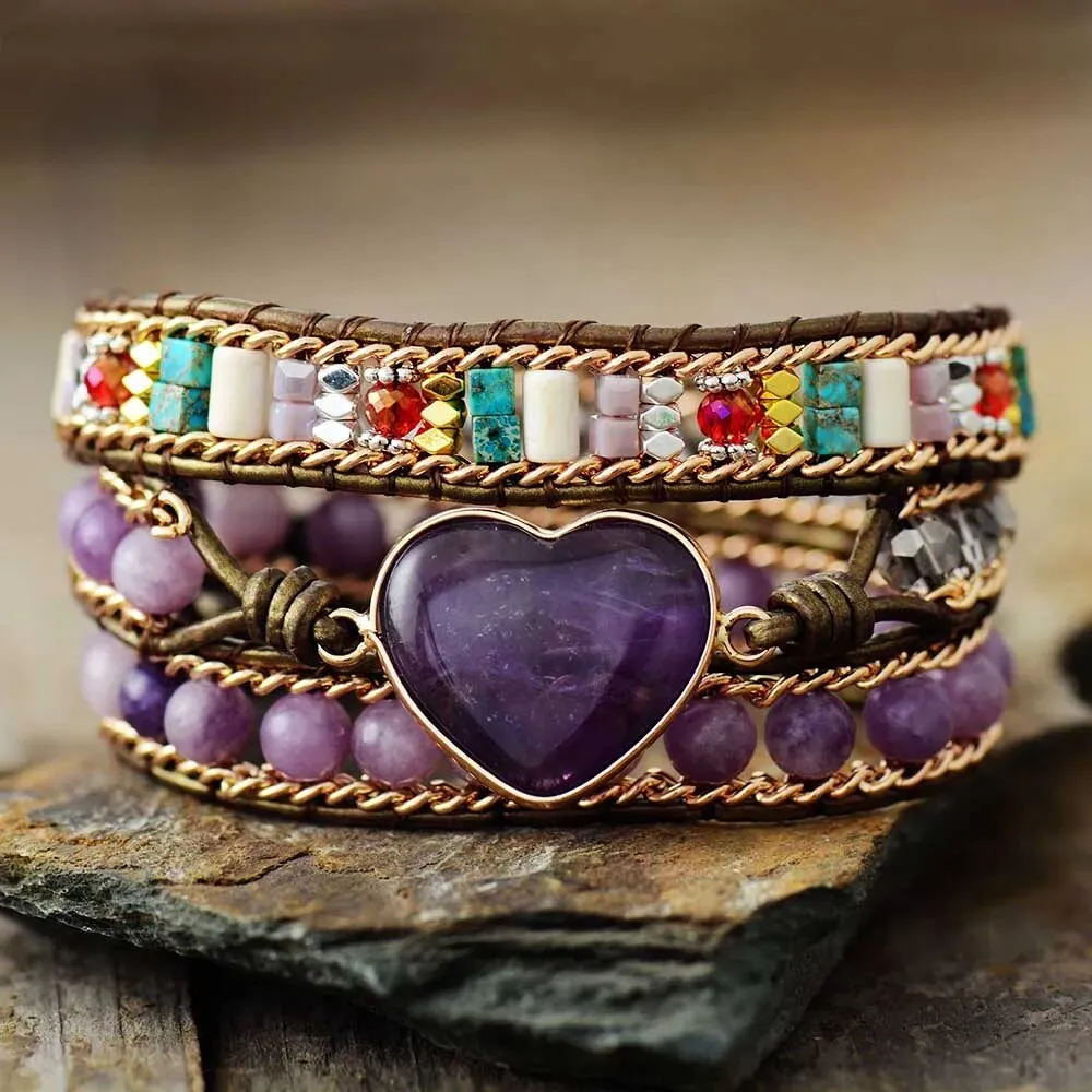 Violet Heart Leather Wrap Bracelets Amethysts 3 Strands Cuff Bracelet