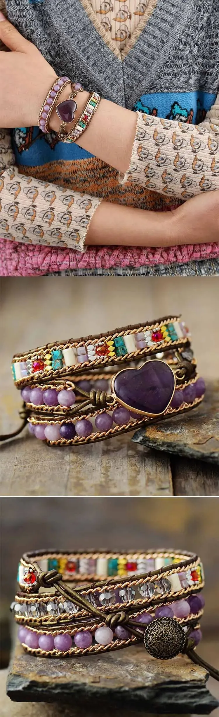 Violet Heart Leather Wrap Bracelets Amethysts 3 Strands Cuff Bracelet