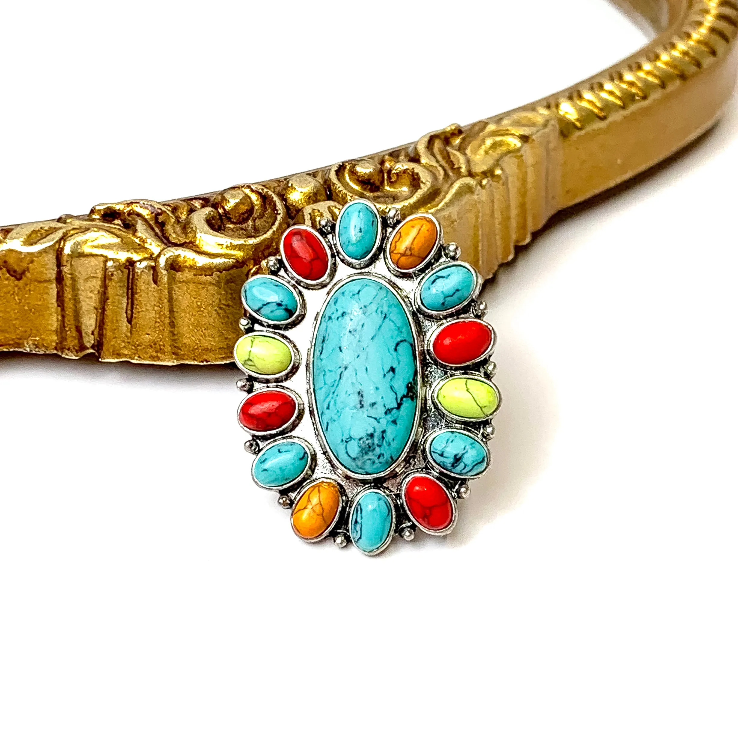 Western Oval Faux Turquoise Stretch Ring in Multicolor