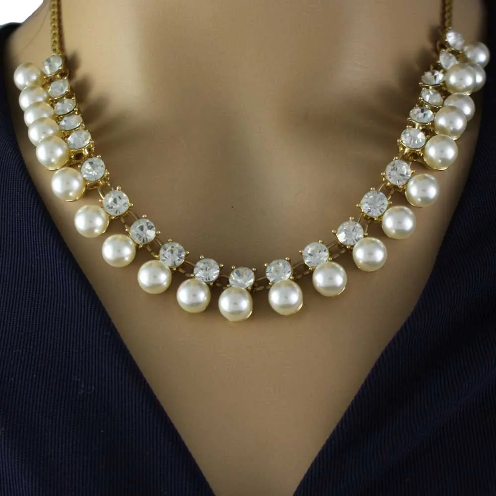 White Dangling Pearls with Round Clear Crystals Necklace - PNS401