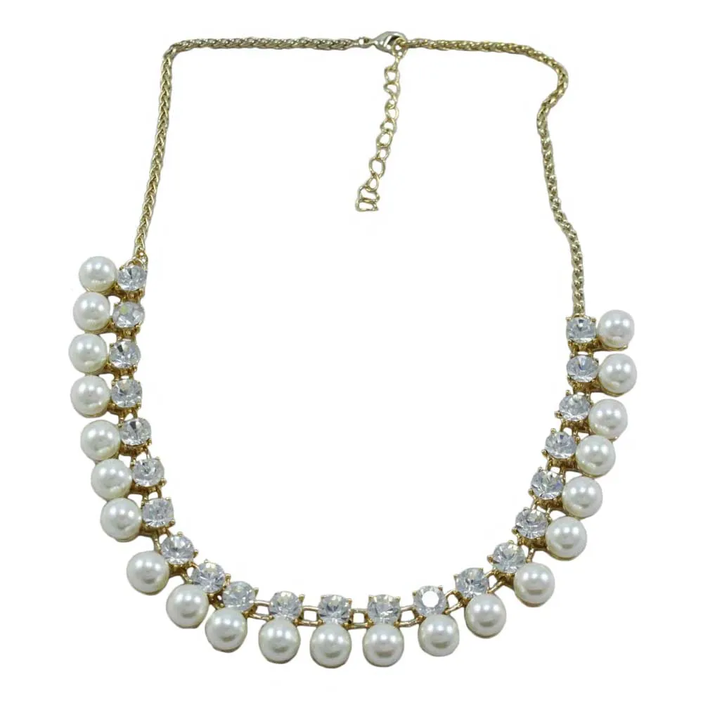 White Dangling Pearls with Round Clear Crystals Necklace - PNS401