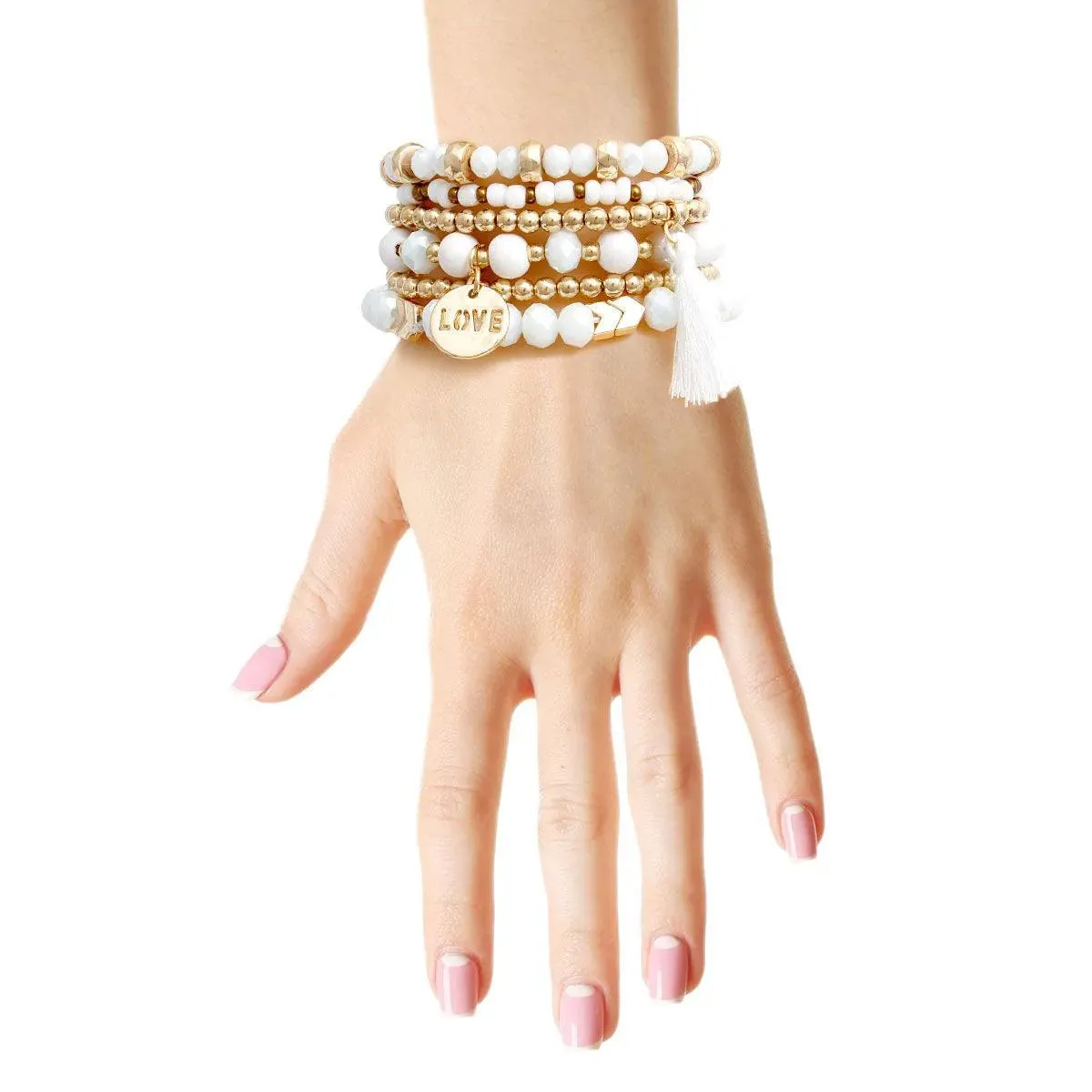 White Stretch Bracelet Set Tassel Love Charm