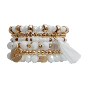 White Stretch Bracelet Set Tassel Love Charm