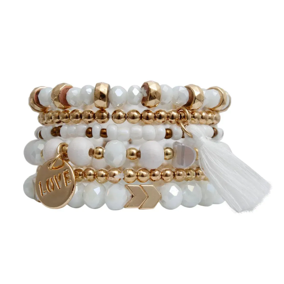 White Stretch Bracelet Set Tassel Love Charm