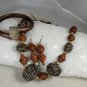 Wood & Beaded Bead Necklace Earrings and Leather Bracelet JSet